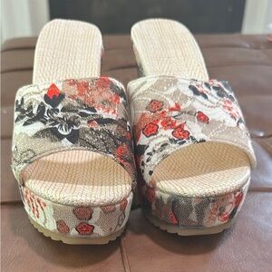 SHEIN Red and Cream Floral Mules